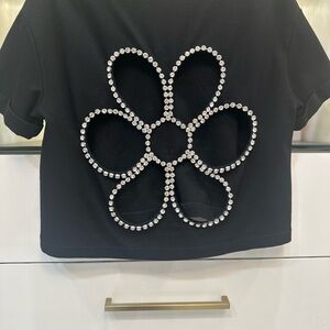 AREA Black Crop Top with Crystal Flower Design Medium